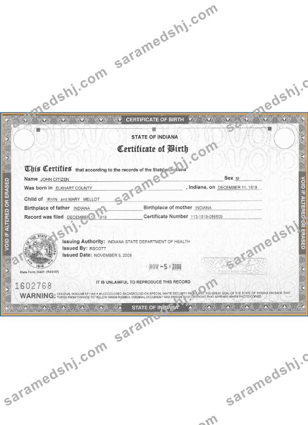 USA Indiana certificate of birth